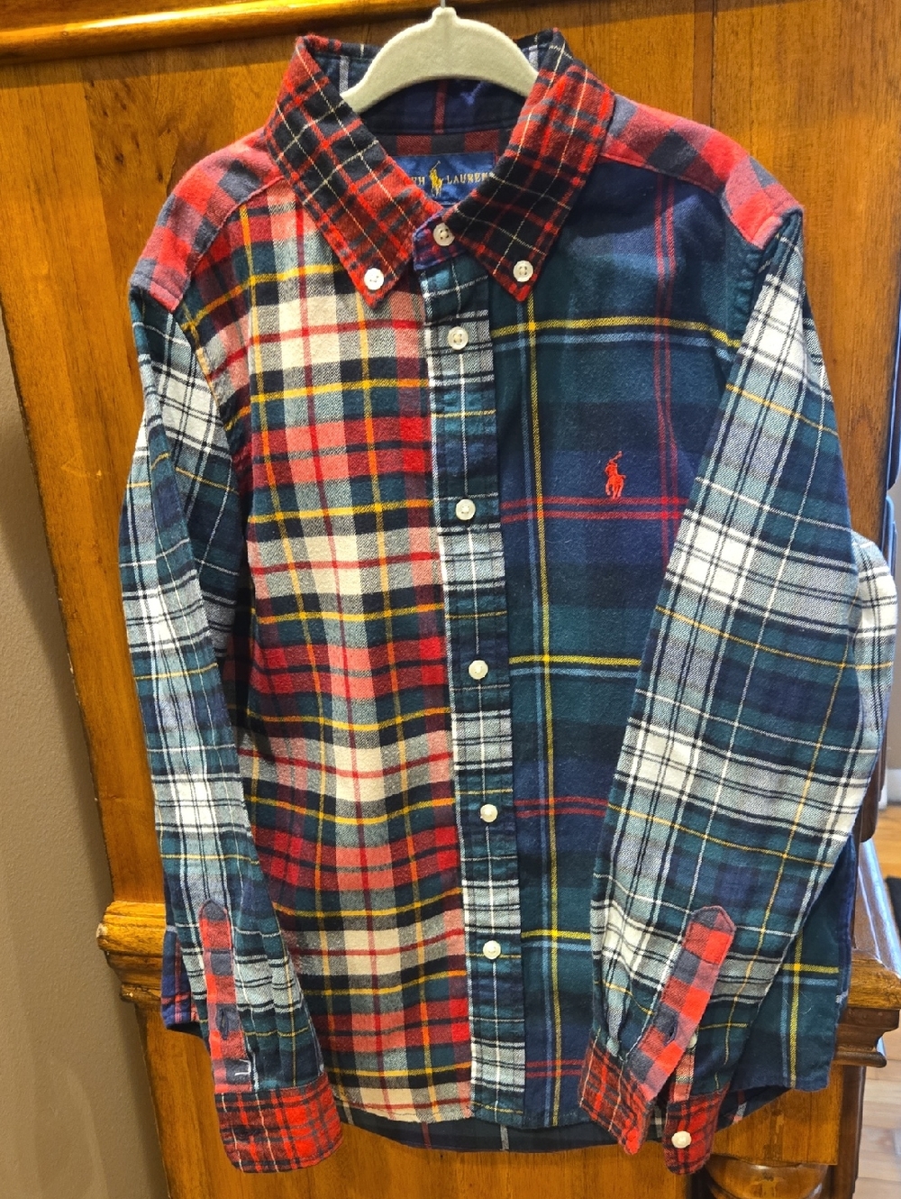 Ralph Lauren Multi-Plaid Patchwork Button-Up Shirt in Red, Navy & Green